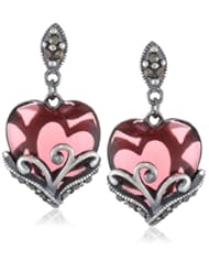Sterling Silver Oxidized Marcasite and Gemstone Colored Glass Filigree Heart Drop Earrings