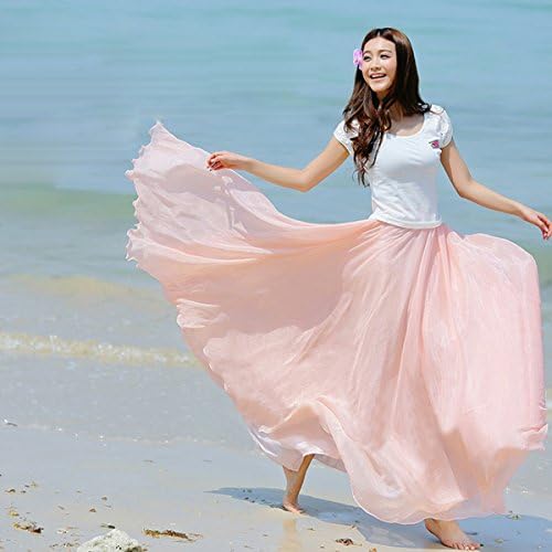 Museya Fashion Bohemian Style Spring Summer Women''s Elastic Waist Band Chiffon Long Maxi Skirt Dress (Light Pink, M)