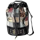 Multi Colored Drawstring Bucket Bag with Black Trim