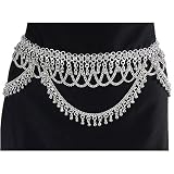Sensational Hip Chain Belt with Layers of White Brass Loops and Bells, Fits waist or hips 35" - 41" for Belly Dancing or Casual Wear