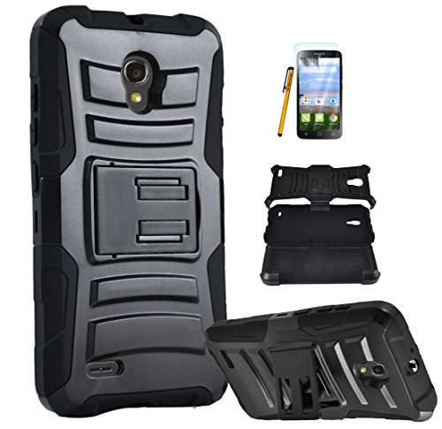 Alcatel One Touch Pop Icon 2 LTE A846L Armor Case, The3Knights[TM] Armor Shock Proof Heavy Duty Stand Cases with Swivel Belt Clip Cover + Stylus + Premium Screen Guard (BLACK)