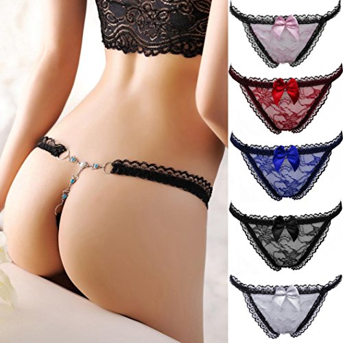 GBSELL Women Sexy Lace Bowknott V-String Briefs Panties Thongs G-string Bikini (Blue)