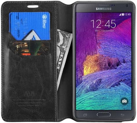 MYBAT For SAMSUNG Galaxy Note 4. Leather Flip Wallet Book Style Pouch Folio Case Cover Stand with Credit Card Slots Tray &amp; Disinfecting Alcohol Pad V|3 (Black)