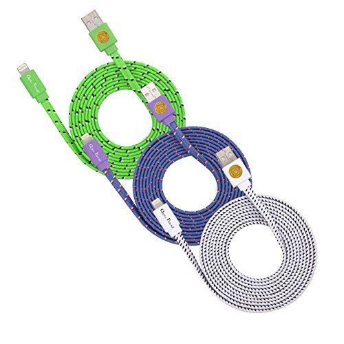 3 Pack 6ft Durable Hi-Speed Braided Flat Noodle Lightning USB SYNC Cable Charger Cord for iPhone 6, 6 Plus, 5, 5C, 5S, iPad 4, iPad Mini, Ipad Air, iPod Touch 5th Gen, iPod Nano 7th Gen, Support Latest IOS, 8-pin to USB - (green, purple, white)