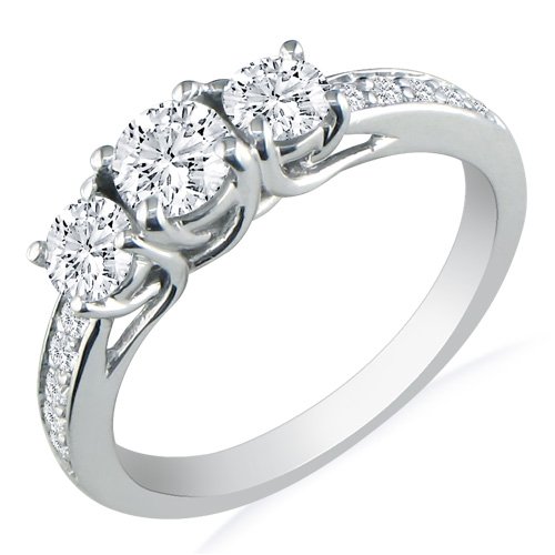14K White Gold 3-Stone Plus Diamond Anniversary Ring 1 1/2ct tw.