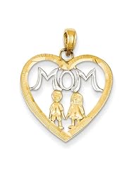 14K Yellow Gold & Rhodium Mom w/Kids Heart Pendant