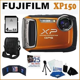 FujiFilm Finepix XP150 2.7in LCD Digital Camera Orange + 4 GB Memory Card + Well Padded Digital Camera Carrying Case with Pocket and Strap + Memory Card 3 Pocket Storage Case + Accessory Kit