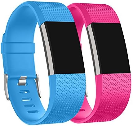 Fitbit Charge 2 Bands, Alrite Classic Replacement Sport Fitness Strap, Sweat and Water Proof Adjustable Wristband with Metal Buckle for 2016 Fitbit Charge 2 HR, 2-Pack(Bright Pink, Sky Blue)