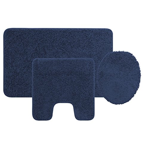 3 Piece Bath Rug Set Navy Blue Bathroom Mat Contour Rug Lid Cover Non