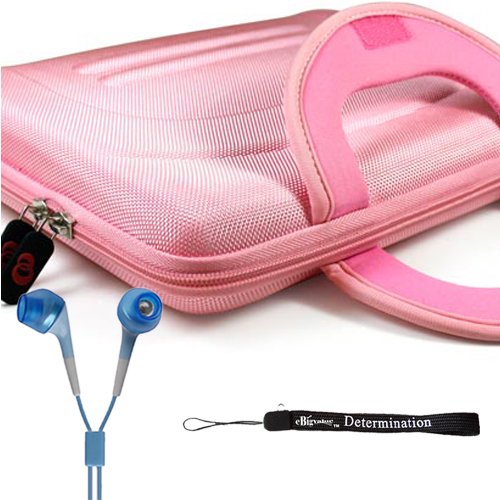 eBigValue: Pink Protective Hard Nylon Carrying Case for Sony DVP-FX970 9-Inch Portable DVD Player + Includes a eBigValue Determination Hand Strap Key Chain + Includes a Crystal Clear High Quality HD Noise Filter Ear buds Earphones Headphones 3.5mm Jack (B