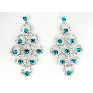 Austrian Silver Tone Crystal Clear Aqua Peacock Circle Cute Chandelier Earrings