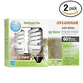 Sylvania 29727 13W Compact Fluorescent Micro Mini with Integral 120V Ballast Medium Screwbase, Soft White, 2 Pack # CF13EL/MICROMINI/2/12/RP