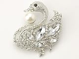 Synthetic Pearl Bead Royal Swan Clear Crystal Rhinestone Jeweled Bird Pin Brooch