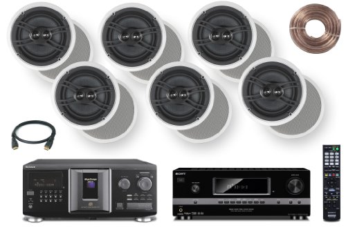 Sony 300-Disc Mega-Storage CD Changer / Player + Sony HD Digital Cinematic Sound 700 Watts 7.1 Channel 3D A/V Receiver + Yamaha Natural Sound Custom Install In-Ceiling 3-Way 100 watts Speaker (Set of 6) with Dual Tweeters & 6-1/2 Woofer + 100ft 16 AWG Spe
