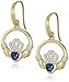 18k Yellow Gold and Rhodium Plated Sterling Silver Created Blue Sapphire Round Shaped Claddagh Dangle Drop Earrings