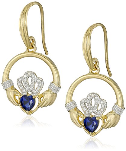 18k Yellow Gold and Rhodium Plated Sterling Silver Created Blue Sapphire Round Shaped Claddagh Dangle Drop Earrings