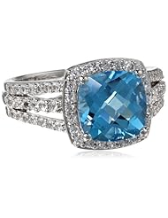 Sterling Silver, Cushion-Cut Blue Topaz, and Created White Sapphire Ring, Size 7
