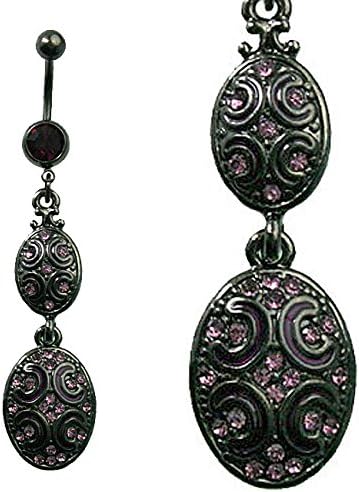 Anodized Black Surgical Steel Belly Ring w/ Dangling Oval Vintage Design w/ Pink &amp; Red Gem - Pink