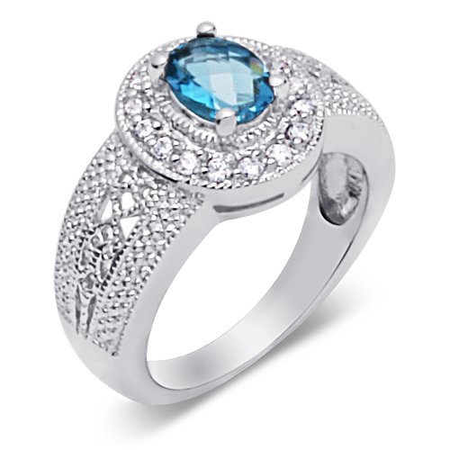 Alluring Design 1.00 carat total weight Oval Shape Checker Board London Blue Topaz & White CZ Size 7 Gemstone Ring in Sterling Silver