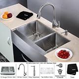 Kraus KHF203-33-KPF2170-SD20 Farmhouse 33 Double Bowl Kitchen Sink with Faucet and Soap Dispenser