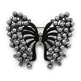 Ash Grey Faux Pearl Butterfly Brooch In Gun Metal Finish - 5cm Length