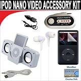 7 pc. Accessory kit for iPod Video 30/60/70GB. Includes White portable stereo speaker w/cable Car FM Transmitter w/power cable White Mini soft Earbuds Reusable Pre-Cut Screen Protector and a DBROTH Microfiber Cleaning Cloth