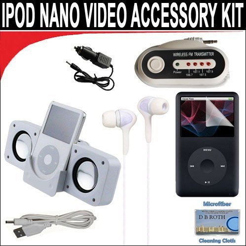 7 pc. Accessory kit for iPod Video 30/60/70GB. Includes White portable stereo speaker w/cable Car FM Transmitter w/power cable White Mini soft Earbuds Reusable Pre-Cut Screen Protector and a DBROTH Microfiber Cleaning Cloth