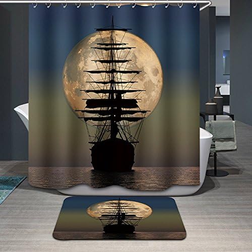 Cool Pirate Ship and Moon Waterproof Bathroom Shower Curtain- Polyester Fabric, 72(w)x72(h)