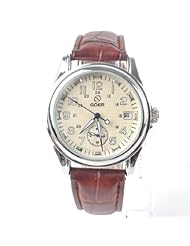 Womens Hollow-hand-wind round white Dial brown PU Leather Band mechanical-hand-wind analog Wrist Watch For Gift