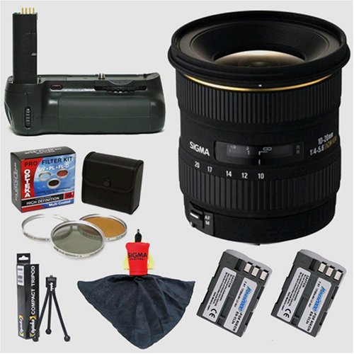 Sigma Zoom Super Wide Angle 10-20mm f/4-5.6 EX DC HSM Autofocus Lens & Opteka Battery Pack Grip & 2 EN-EL3e Batteries (3400 mAh Total) & Filters & Accessories for Nikon D80 Digital SLR Camera
