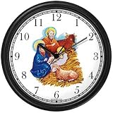 Nativity Scene in Manger Christian Theme Wall Clock by WatchBuddy Timepieces (Black Frame)