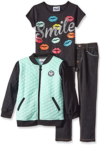 Sweet Vintage Little Girls' Quilted Jacket Smile Lips T-Shirt and Denim Jean, Blue/Black, 4