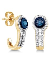 10K Yellow and White Two 2 Tone Gold Round Brilliant Cut Blue and White Diamond - Channel Set Studs Earrings with Secure Push Back Closure - (2/3 cttw.)