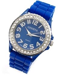 Royal Blue Geneva Silicone Ceramic Style Wrist Watch Surrounded with Silver Trim and Sparkly Rhinestones