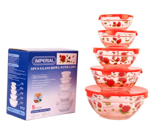 Imperial 5 Pcs Nested Glass Bowl Set With Red Rose Design and Red Lids