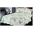 Blue Floral Square Print Queen Size Bedspread - Blue Floral Cotton Queen Bedspread And Pillowcases (3pcs Quilt Set)