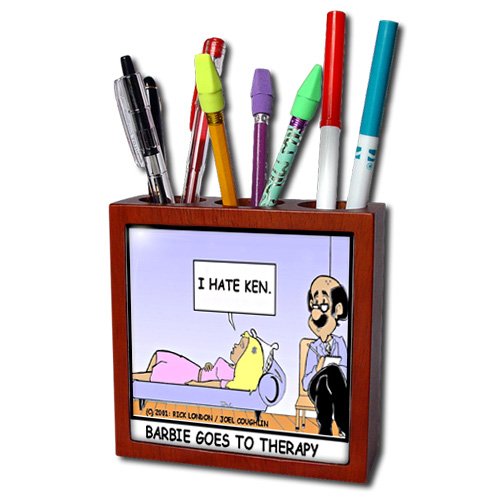 Londons Times Famous People Places Books Cartoons - BARBIE IN THERAPY - Tile Pen Holders-5 inch tile pen holder