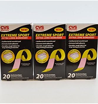 (Pack of 3) CVS Pharmacy Extreme Sport Extra Long Bandages Assorted COLORS 20 Sterile Bandages Antibacterial nonstick pad Extreme hold adhesive Durable, tough fabric for long-lasting protection