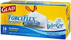 Glad Drawstring ForceFlex Odor Shield Tall Kitchen Bags, 13 Gallon, 34 Count Bags (Pack of 6)