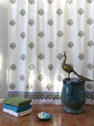 Dance O Peacock ~ Ivory Peacock Feather Print India Shower Curtain 72x72 Dance O Peacock ~ Ivory Peacock Feather Print India Shower Curtain 72x72