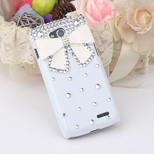 ACC5Star(TM) Cute 3D Bling Diamond Crystal White Bow Bowknot Hard Back Case Cover Skin for LG Optimus L70 Phone + High Quality Random Color Stylus + 10*15 Cm Green Soft Clean Cloth with Logo
