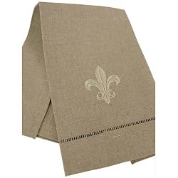 Oatmeal Fingertip or Guest Towel with White Fleur de Lis Embroidery 14 by 22 inches