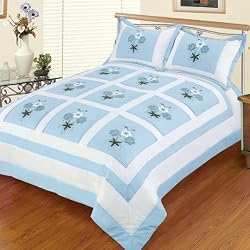 Blancho Bedding - [Sky Blue Fantasy] Hand-Appliqued Quilt Set with 25.3 OZ filling (Full/Queen Size)