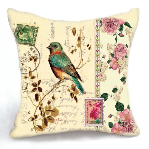 OJIA 18 X 18 Inch Retro Vintage Stamp Style Bird and Blooms Cotton Linen Home Decorative Throw Pillow Cover Cushion Case