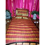 3p Silk Sari Bedspread Bedding Coverlet Throw Multi Reds -Twin by Mogul Interior