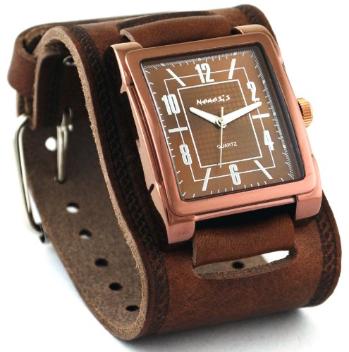 Nemesis #BIN053B1 Men's Premium Wide Leather Cuff Band Brown IP Square Watch