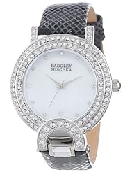 Badgley Mischka Womens BA/1279WMBK Swarovski Crystal Accented Silver-Tone Black Leather Strap Watch