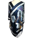 silkNOW Hand Painted White and Blue 100% Pure Silk Satin Scarf with Beautiful Multi Colored Floral Pattern
