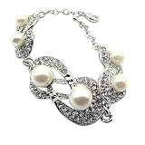 Silver Link Pearl and Crystal Toggle Charm Fashion Bracelet
