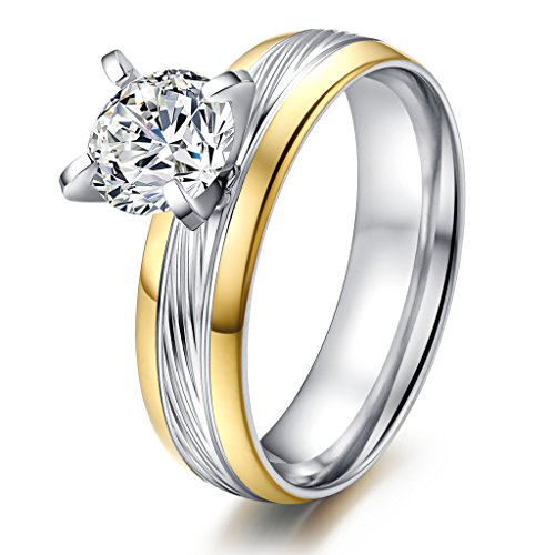 Women's Stainless Steel CZ Cubic Zirconia Promise Engagement Wedding Band Rings,Gold Edge